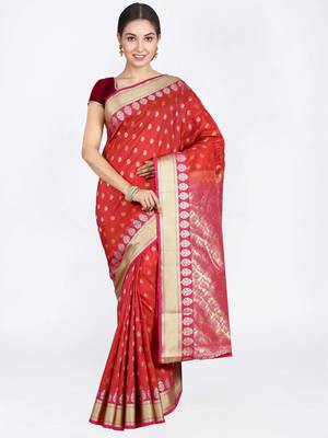 Rust Hand Woven Art Silk Saree With Blouse 1