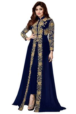 Blue Embroidered Jacket Style Faux Georgette Salwar Suit 1