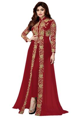Red embroidered georgette Anarkali Suit 1