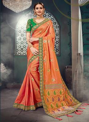 Orange woven silk blend saree with blouse 1