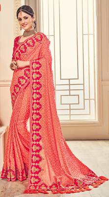 Coral woven silk saree with blouse 1
