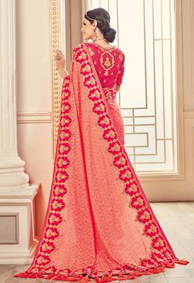 Coral woven silk saree with blouse 2