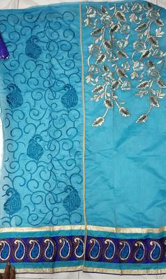  Sky Blue embroidered chanderi unstitched salwar Suit with dupatta  2