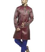 Maroon Brocade Semi Indowestern With Embroidered Collar Butta And Buttons With Contrast Blue Bridges