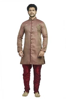 Rust  Brocade Semi Indowestern With Embroidered Velvet  Collar Butta And Buttons With Contrast  Maroon  Bridges 1