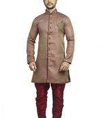 Rust  Brocade Semi Indowestern With Embroidered Velvet  Collar Butta And Buttons With Contrast  Maroon  Bridges