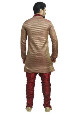 Rust  Brocade Semi Indowestern With Embroidered Velvet  Collar Butta And Buttons With Contrast  Maroon  Bridges 2