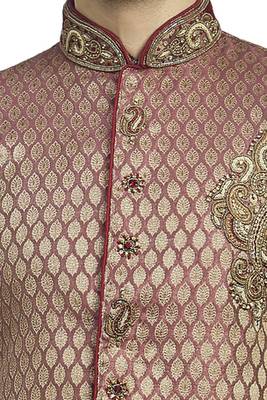 Rust  Brocade Semi Indowestern With Embroidered Velvet  Collar Butta And Buttons With Contrast  Maroon  Bridges 3