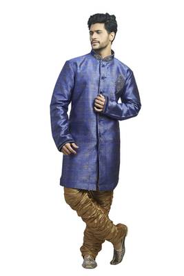 Blue Imported Semi Indowestern Kurta With Velvet Embroidered Collar Buttons And Butta 1