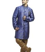 Blue Imported Semi Indowestern Kurta With Velvet Embroidered Collar Buttons And Butta