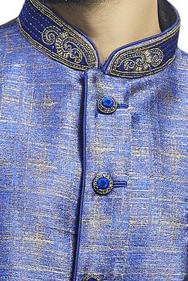 Blue Imported Semi Indowestern Kurta With Velvet Embroidered Collar Buttons And Butta 3