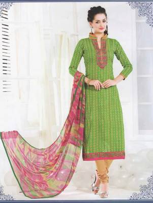 Green embroidered cotton unstitched salwar with dupatta 1