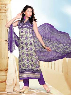 Purple printed cotton unstitched salwar with dupatta 1