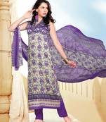 Purple printed cotton unstitched salwar with dupatta
