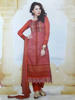 Red printed cotton unstitched salwar with dupatta 1