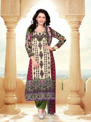 Cream printed cotton unstitched salwar with dupatta 1