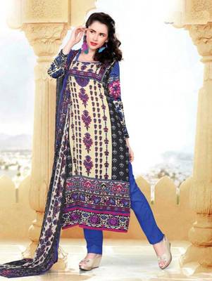 Cream printed cotton unstitched salwar with dupatta 1