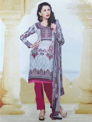 Grey printed cotton unstitched salwar with dupatta 1