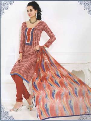 Red embroidered cotton unstitched salwar with dupatta 1