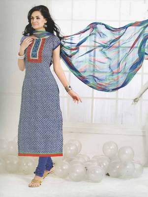 Blue embroidered cotton unstitched salwar with dupatta 1