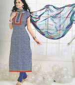 Blue embroidered cotton unstitched salwar with dupatta