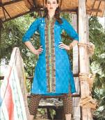 Blue printed cotton unstitched salwar with dupatta