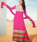 Pink embroidered georgette unstitched salwar with dupatta