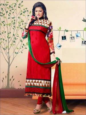 Red embroidered georgette semi stitched salwar with dupatta 1