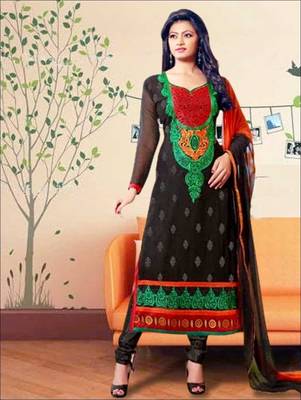 Black embroidered georgette semi stitched salwar with dupatta 1