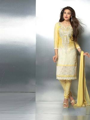 Yellow embroidered nazneen unstitched salwar with dupatta 1
