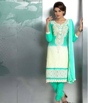 Green embroidered nazneen unstitched salwar with dupatta 1