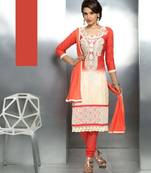 Red embroidered nazneen unstitched salwar with dupatta
