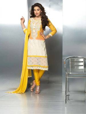 Yellow embroidered nazneen unstitched salwar with dupatta 1