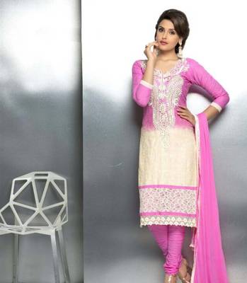 Pink embroidered nazneen unstitched salwar with dupatta 1