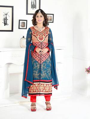 Red embroidered georgette semi stitched salwar with dupatta 1