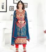 Red embroidered georgette semi stitched salwar with dupatta