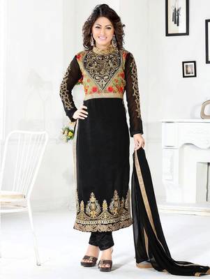 Black embroidered georgette semi stitched salwar with dupatta 1