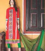 Red digital print jacquard unstitched salwar with dupatta