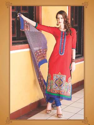 Red digital print jacquard unstitched salwar with dupatta 1