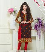 Brown embroidered cotton unstitched salwar with dupatta