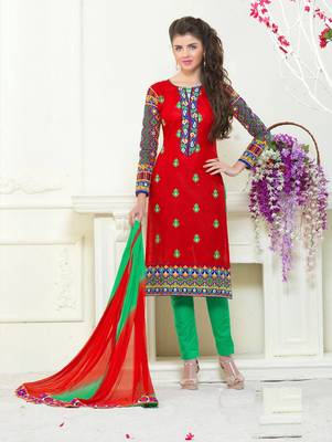 Red embroidered cotton unstitched salwar with dupatta 1