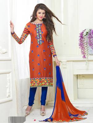 Orange embroidered cotton unstitched salwar with dupatta 1