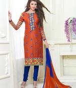 Orange embroidered cotton unstitched salwar with dupatta