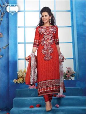 Red printed cotton unstitched salwar with dupatta 1