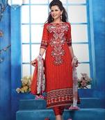 Red printed cotton unstitched salwar with dupatta