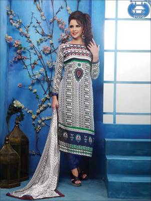 White printed cotton unstitched salwar with dupatta 1