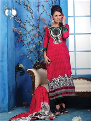 Red printed cotton unstitched salwar with dupatta 1