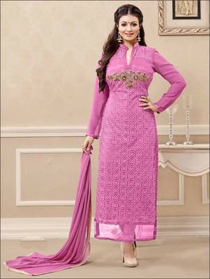 Pink embroidered georgette semi stitched salwar with dupatta 1