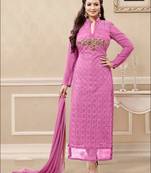 Pink embroidered georgette semi stitched salwar with dupatta