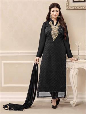 Black embroidered georgette semi stitched salwar with dupatta 1